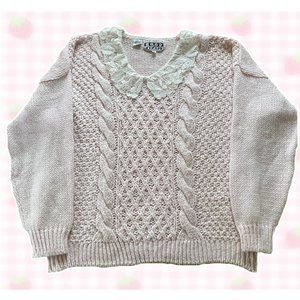 Vintage Pink Cable knit Lace Collar Sweater Womens Size 22